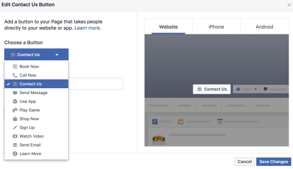 facebook call to action button